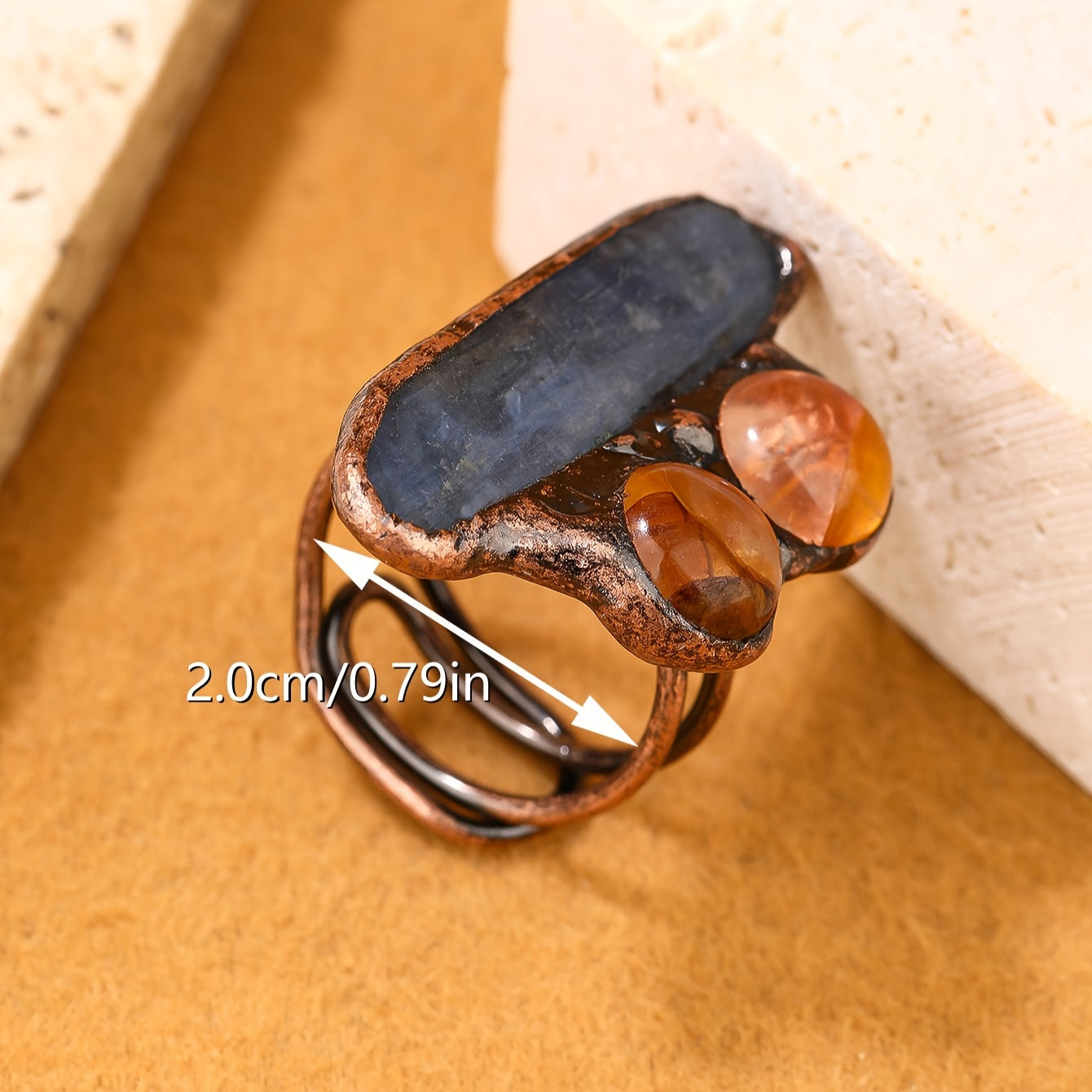 Vintage Bohemian Copper Cuff Ring with Blue Crystal Amber Rock Crystal Adjustable