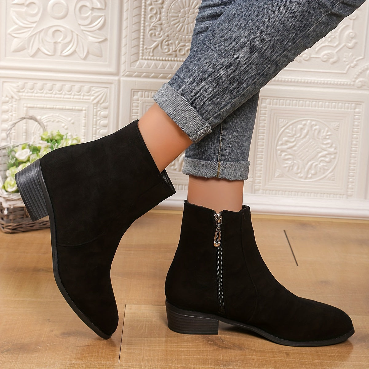 Women's Zipper Booties Retro Coarse Heel Leather Ankle Boots