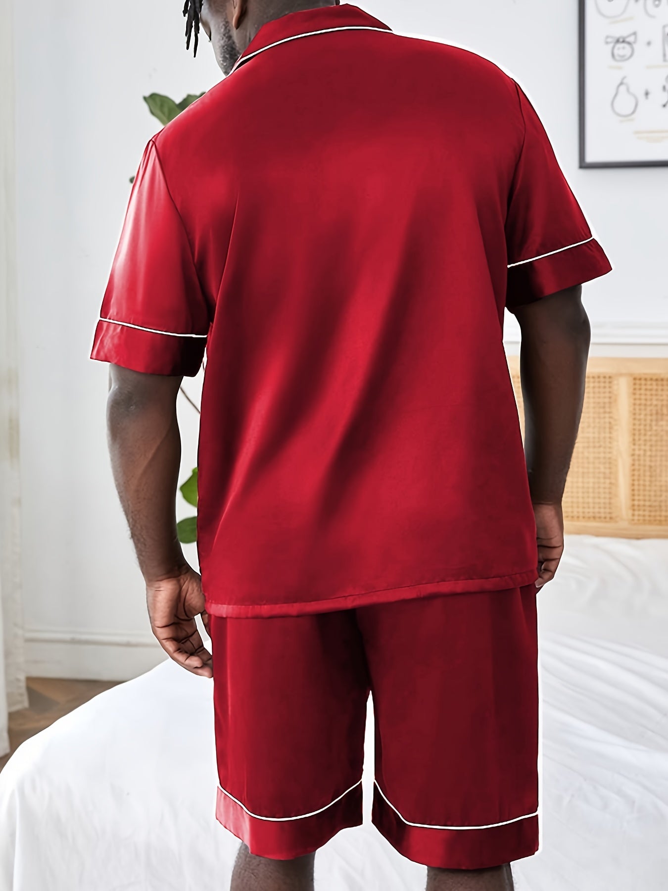 Conjunto de pijama de hombre talla grande de 2 piezas con cuello en V, poliéster, camiseta de manga corta y pantalones cortos