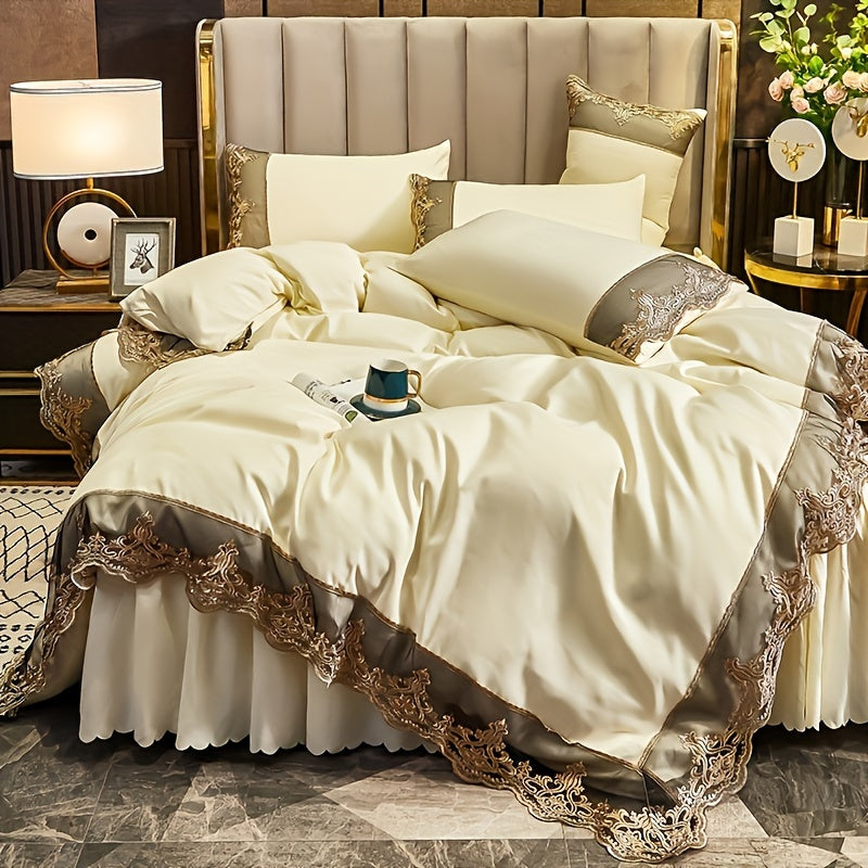 Luxury Polyester Duvet Cover Set with Golden Lace Accents, Solid Color, Zipper Closure