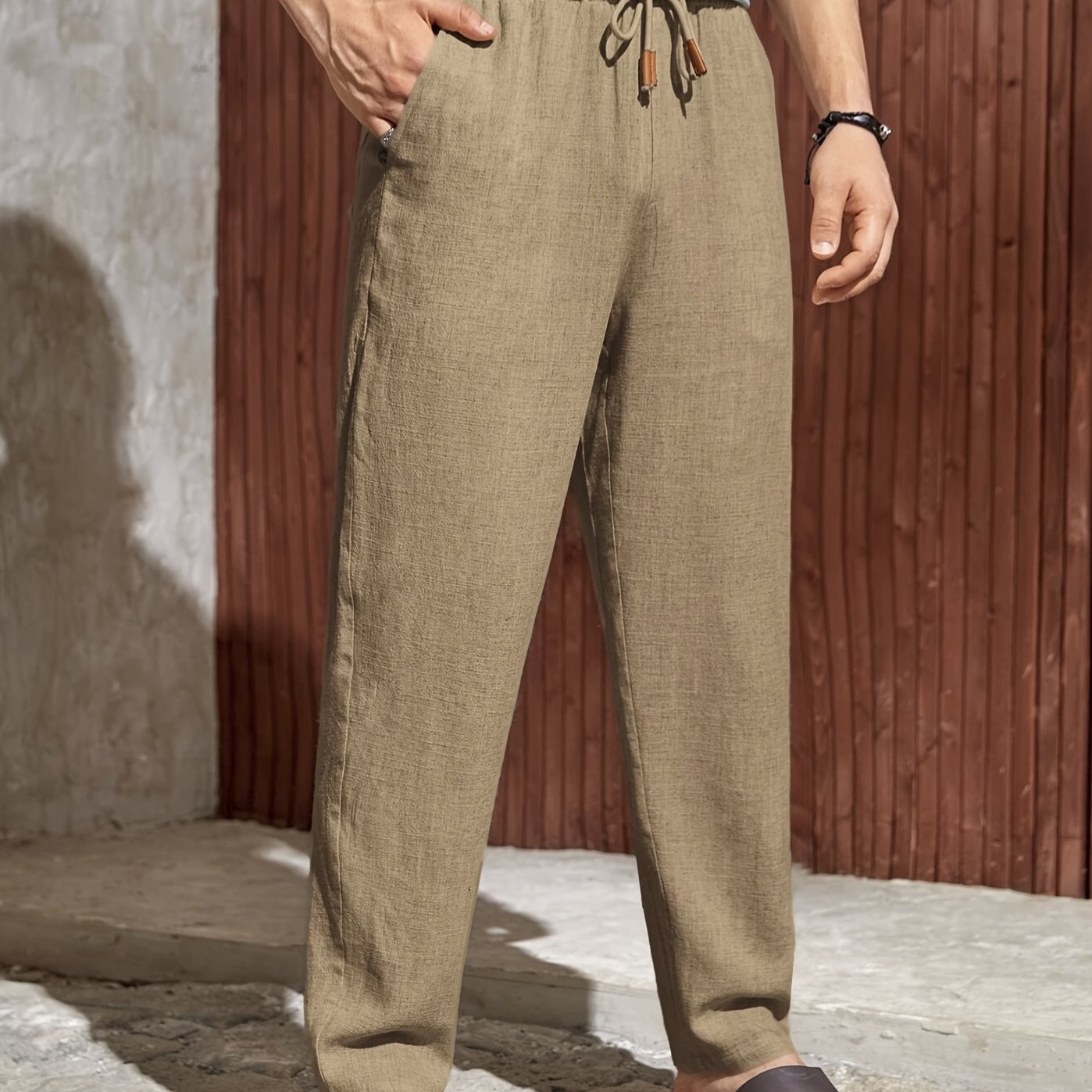 Men's Summer Linen Casual Pants Solid Color Drawstring Waist Regular Fit