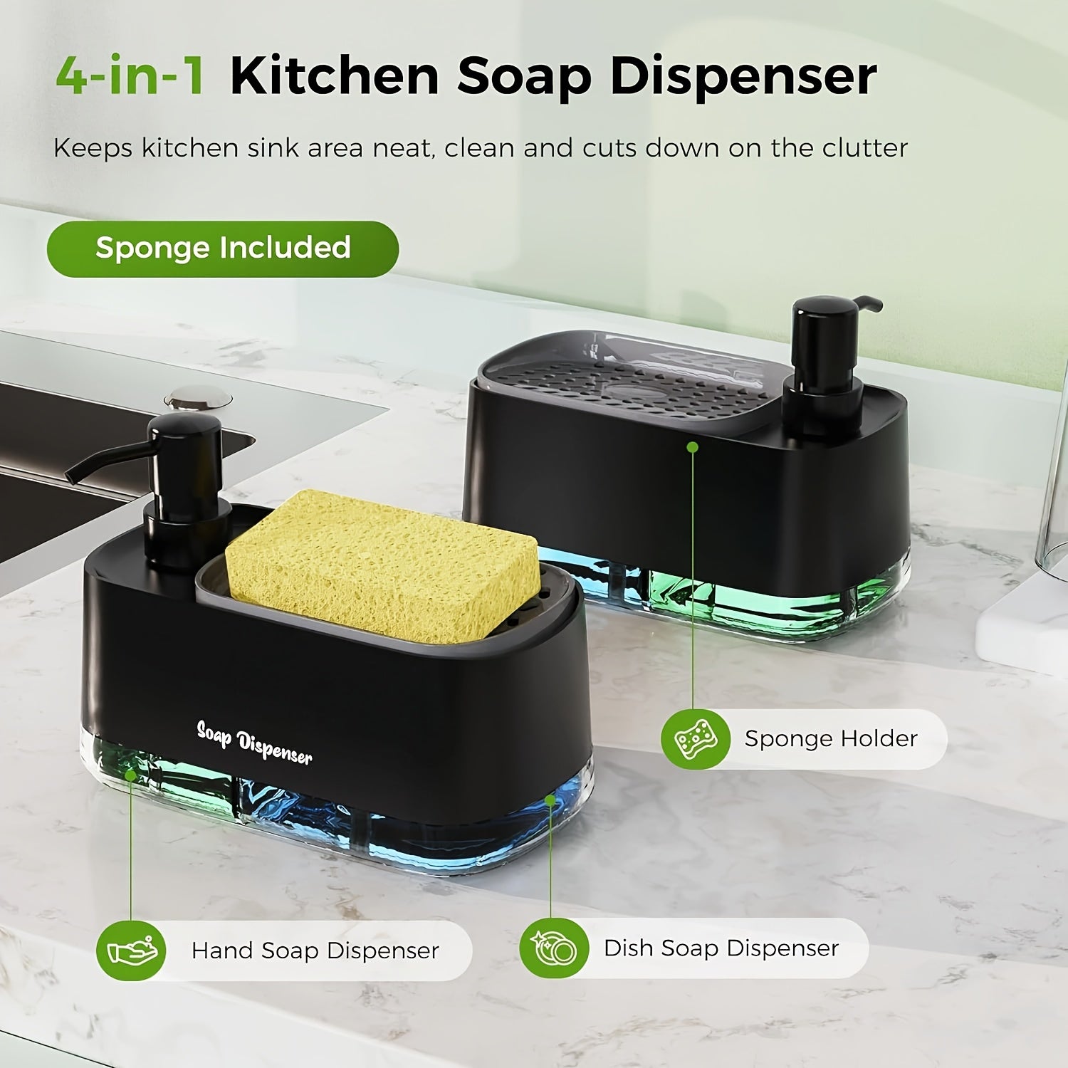 4-in-1 Soap Dispenser Set with Sponge Holder BPA-Free Plastic Leakproof Pumps Kitchen Bathroom