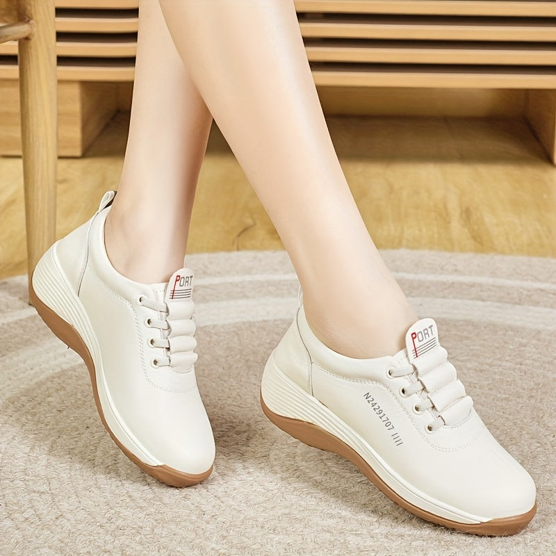 Women's White Brown Casual Sneakers Low-Top Lace-Up Breathable All-Season