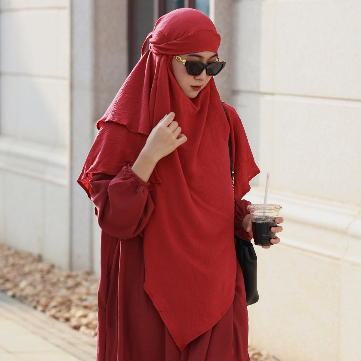 Double-Layered Polyester Prayer Hijab with Religious Theme Fitted Woven Cap