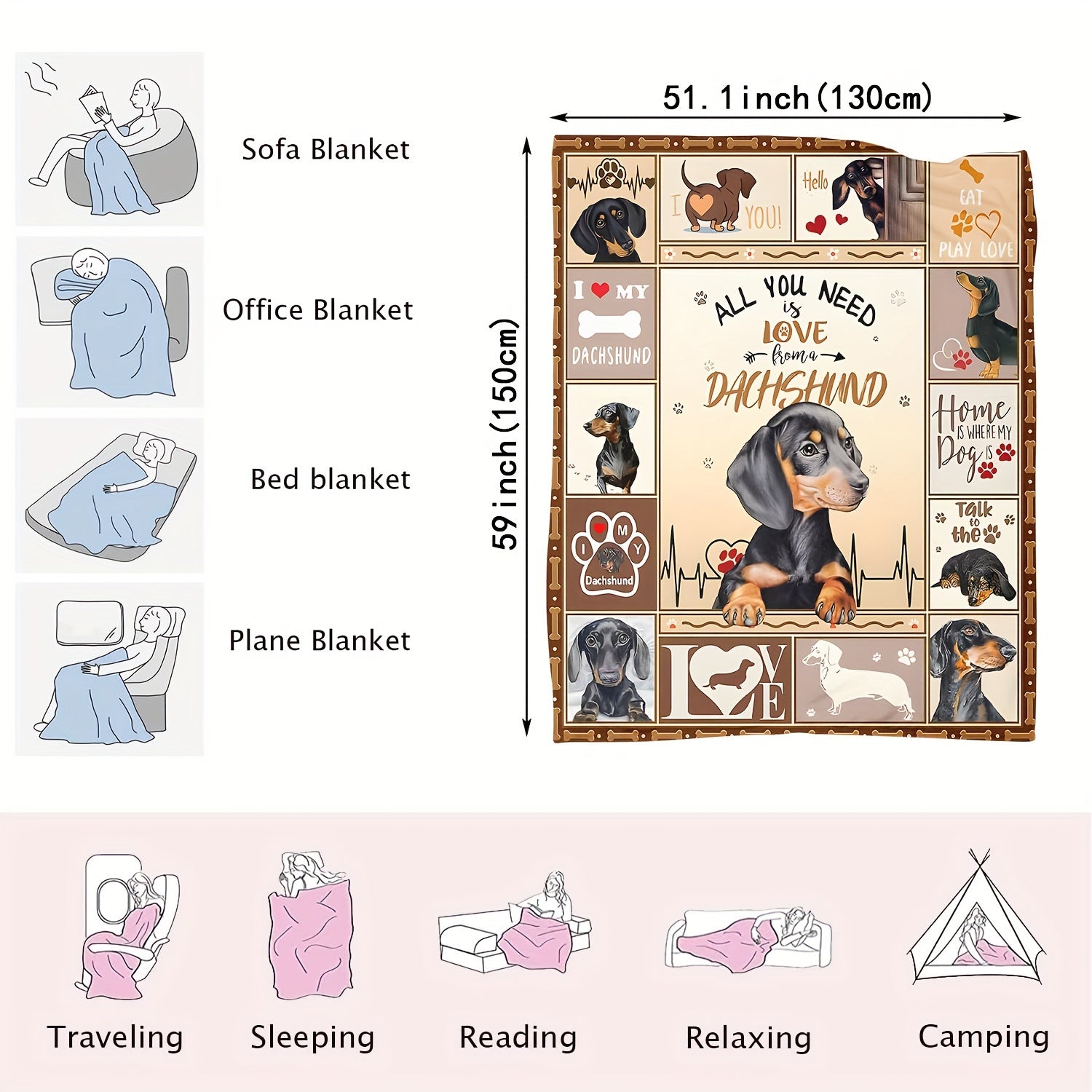 Manta de felpa suave con estampado de perro salchicha para niños y adultos, cálida, acogedora y multiusos