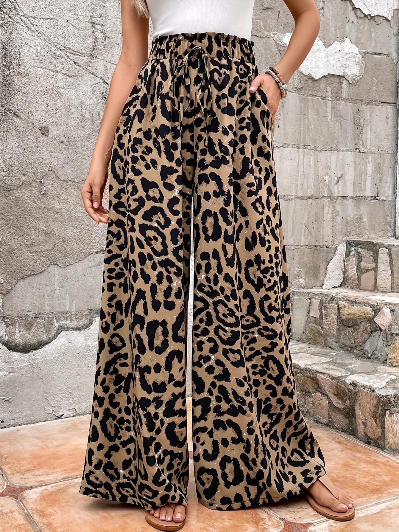 PlusSize Women Wide Leg Pants Leopard Print Non-Stretch All-Season High-Waisted
