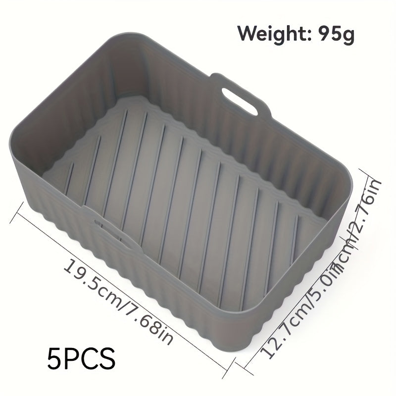 5 ta kvadrat silikon qopqoq to'plami havo fritöz uchun, yopishqoq emas, tozalash oson, oziq-ovqat xavfsiz, qayta ishlatiladigan va havo fritöz uchun egiluvchan savat ichki qism bilan.