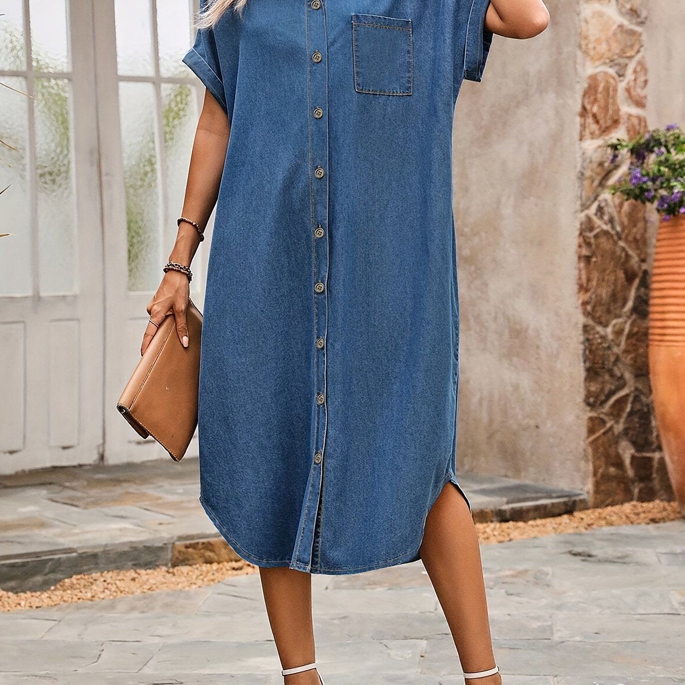 Vestido de mezclilla para mujer de talla grande, ajuste relajado, con botones y bolsillos en el pecho