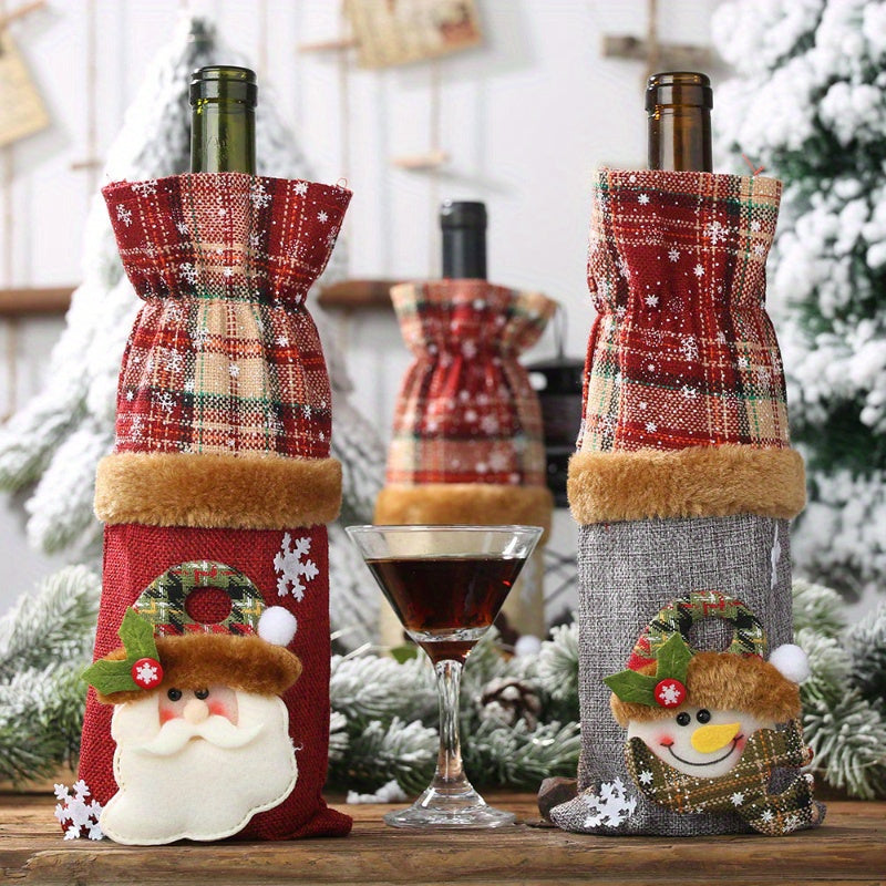 Set of 3 Christmas Wine Bottle Covers Plaid Linen Santa Reindeer Hand Washable Canvas Bags