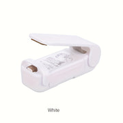 Plastik paketlar uchun portativ mini yopishtiruvchi mashina, atıştırmalık paketlash uchun ideal. Oq, qo'lda, batareyali. Batareyalar kiritilmagan.