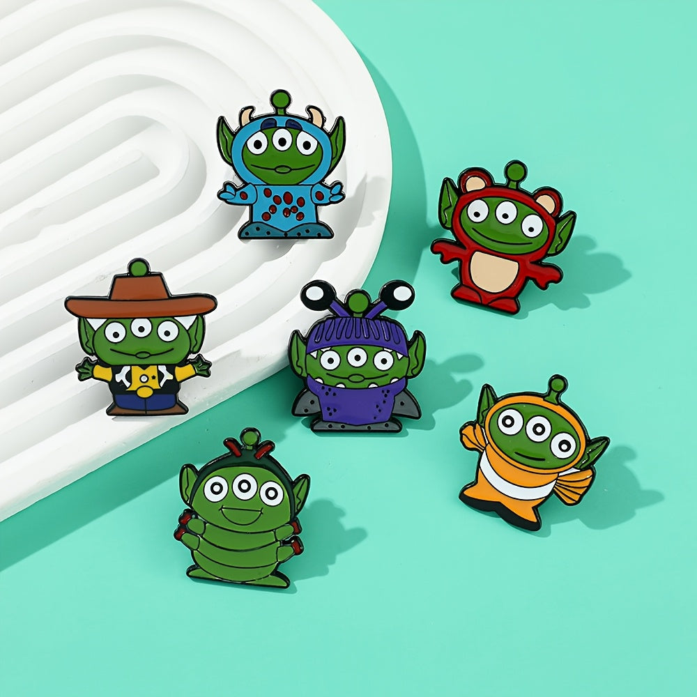 7 ta multfilm hayvonlar emal broshlari to'plami, noodatiy alien metall belgilari, sumkalar va kiyimlar uchun zargarlik buyumlari