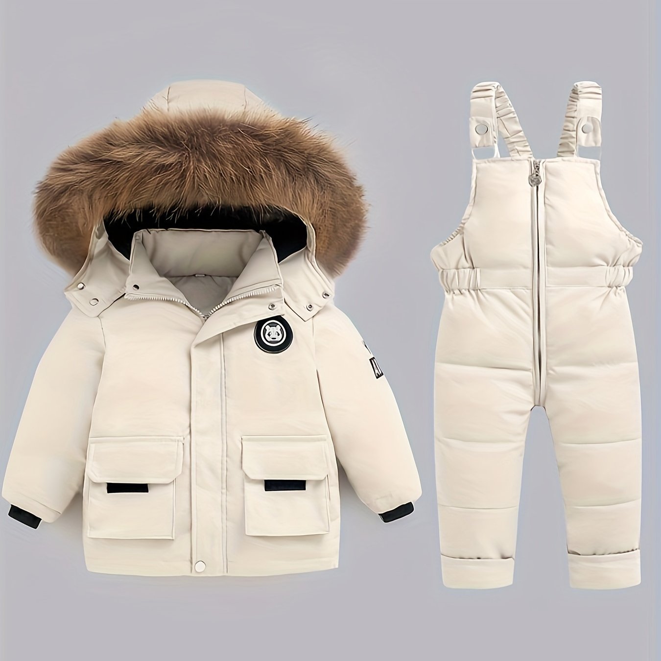 Kids' Winter Jacket and Overalls Set for Boys and Girls Polyester Hooded Zipper Coat and Snow Pants