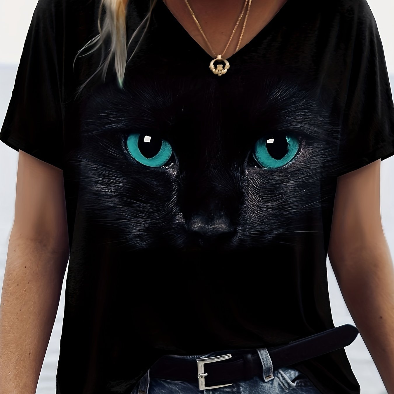 Women's Cat Print V-Neck T-Shirt Spring Summer Casual Short Sleeve Polyester Spandex