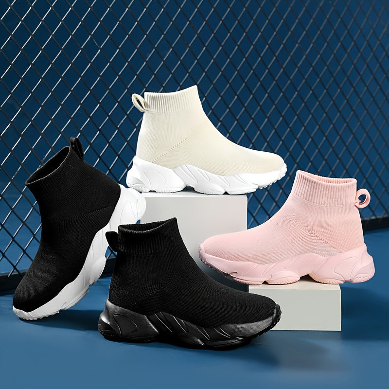 Zapatillas altas para mujer de color sólido, zapatillas slip-on de punto, cómodas y elásticas