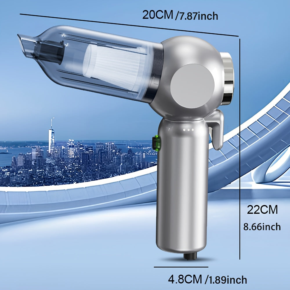 2-in-1 so‘ruvchi va puflovchi, quvvat ko‘rsatkichi, ko‘p funksiyali nozzle, USB orqali zaryadlanadigan, avtomobil, uy, ofis va kichik joylar uchun ixcham dizaynga ega portativ qo‘l vakuum tozalagichi.