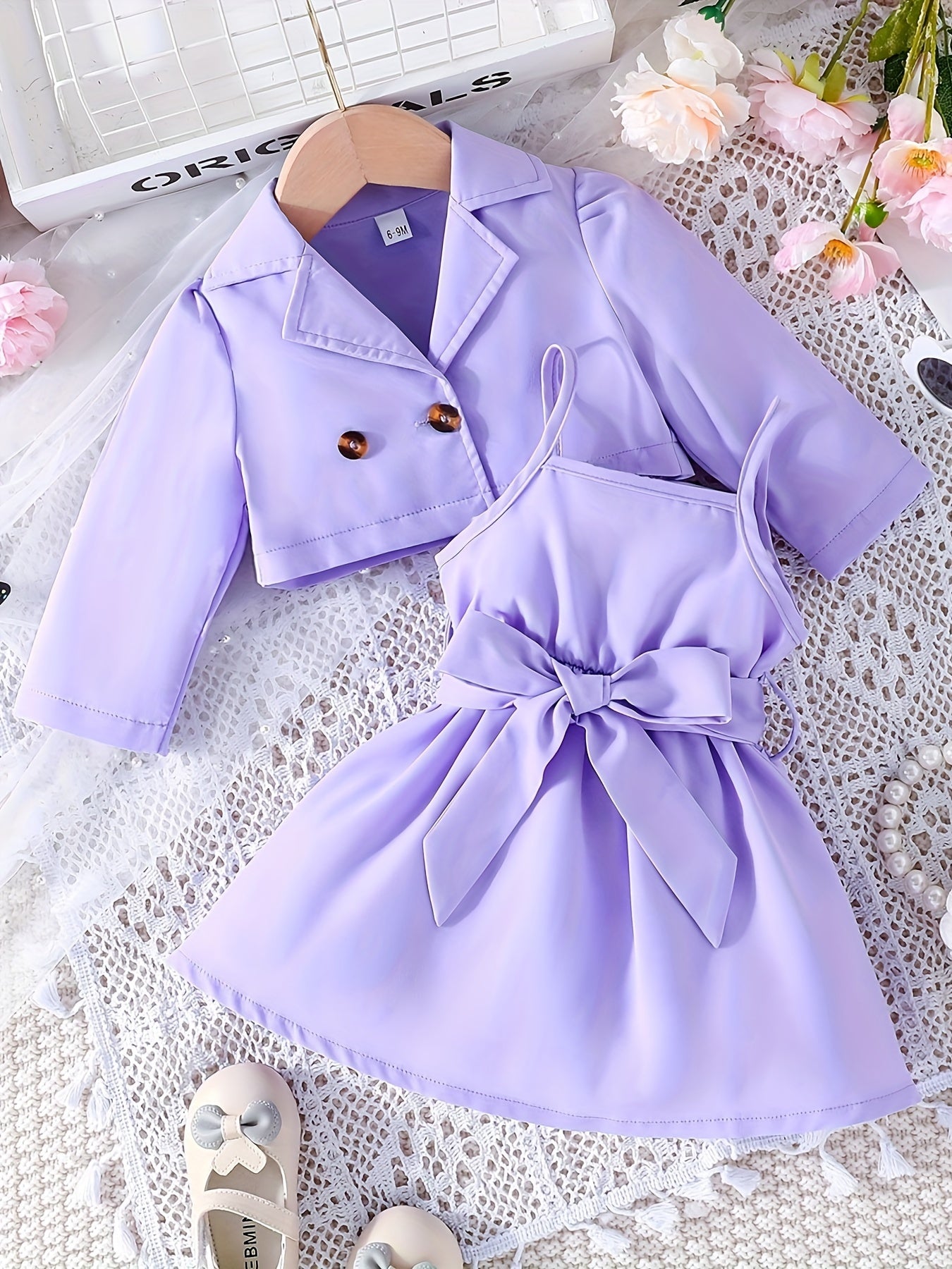 Girls' 2-Piece Outerwear Set Long-Sleeve Coat and Camisole Dress Solid Color
