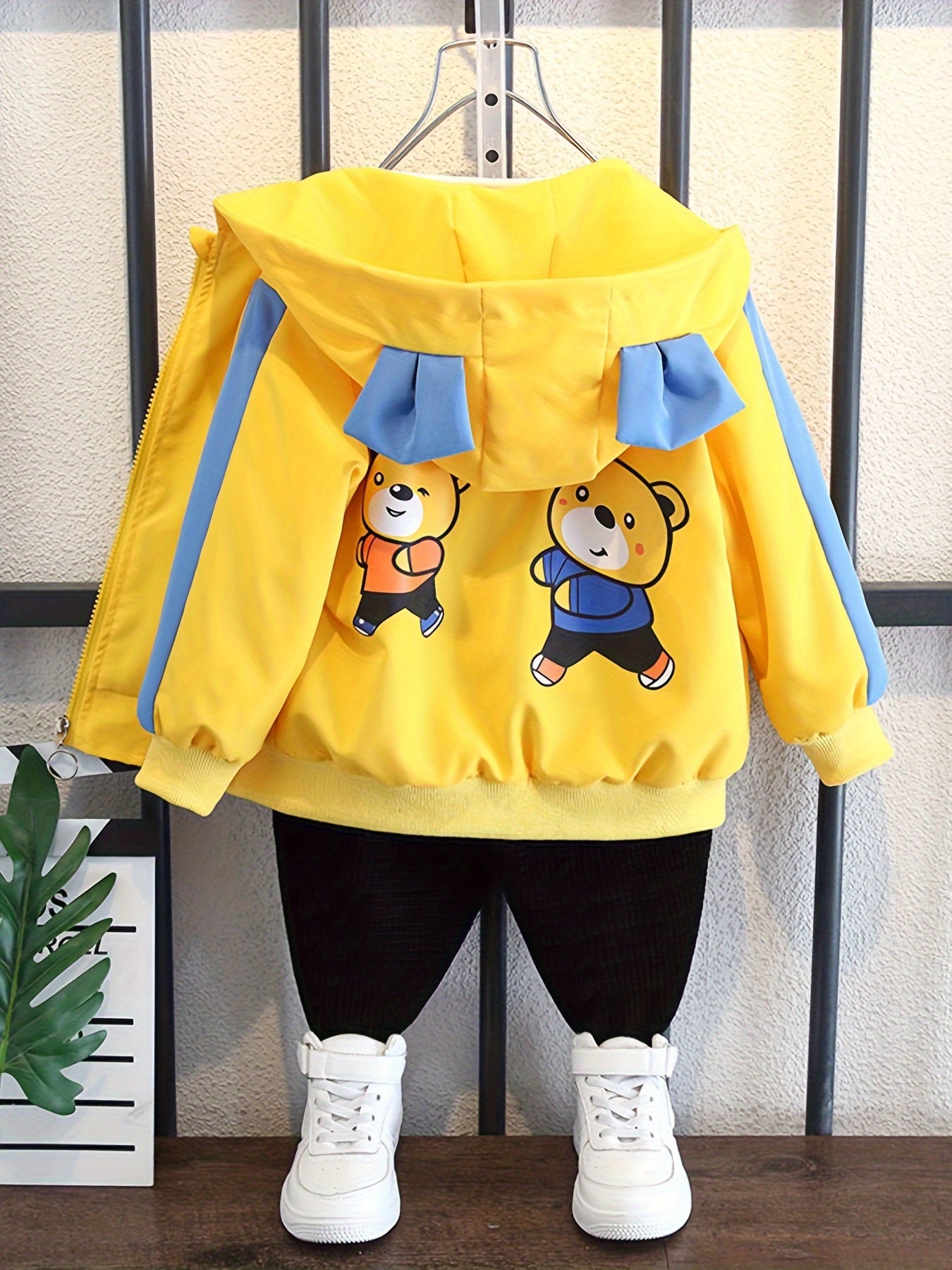 Boys' Lightweight Hooded Jacket with Bear Cartoon Print Yellow Blue Trim Fall Spring Kids Outerwear