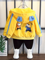 Boys' Lightweight Hooded Jacket with Bear Cartoon Print Yellow Blue Trim Fall Spring Kids Outerwear