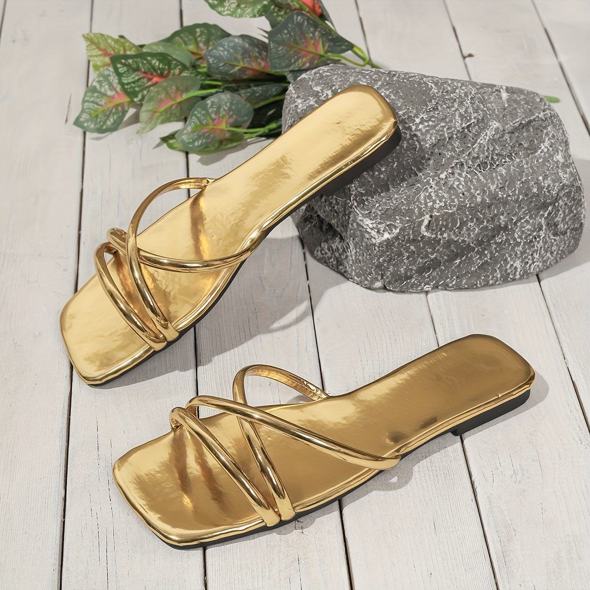 Women Sandals Cross Strap Synthetic Cover Black and Gold Casual Beach You...