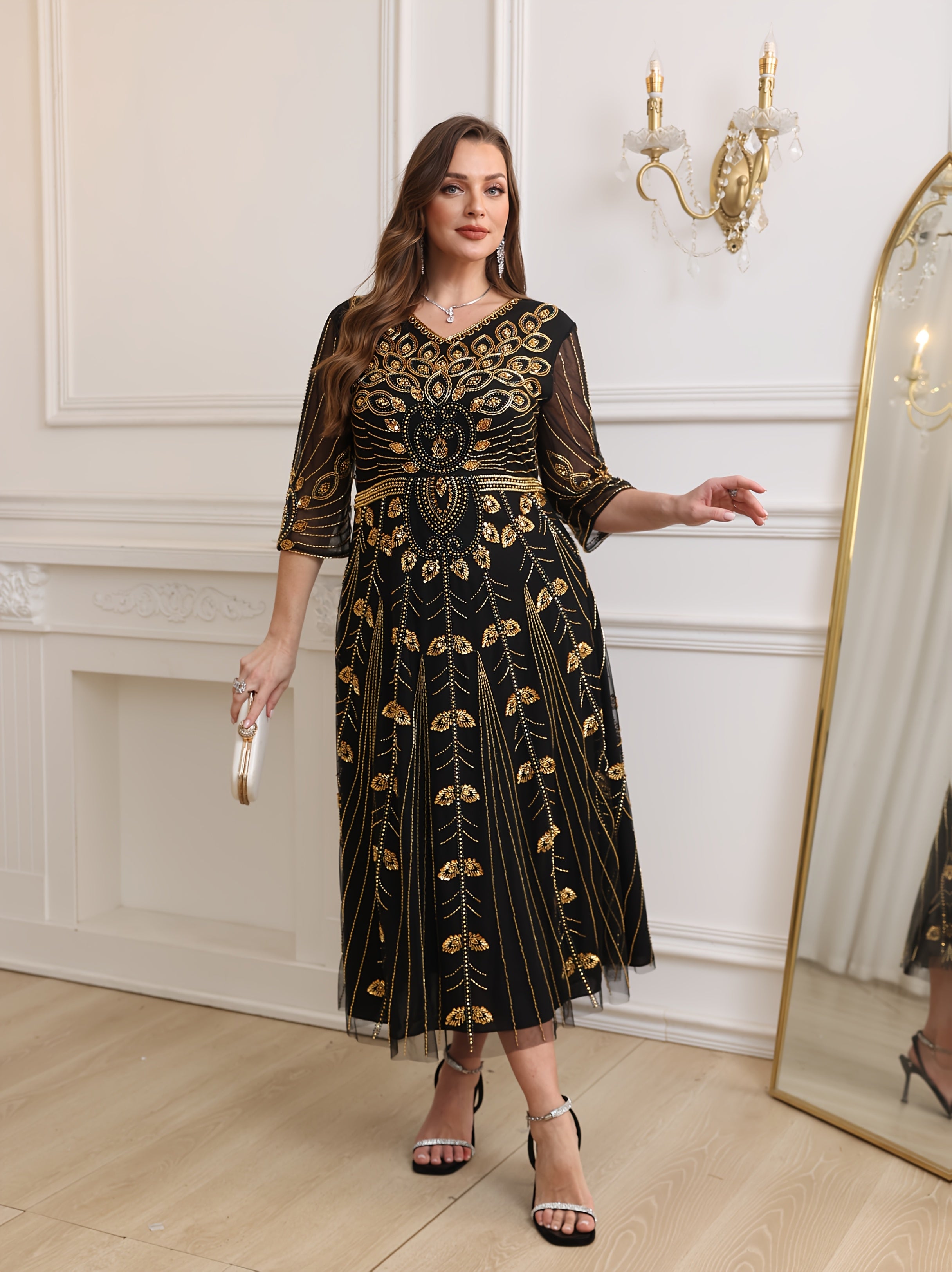 Women's Black Gold Sequin Beaded Evening Dress V-Neck Half-Sleeve