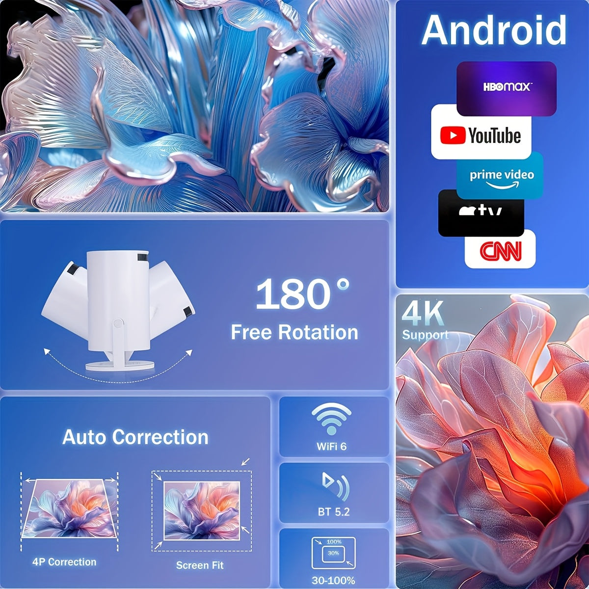 Mini 4K Projector for Home Theater with Android 12 WiFi6 Bluetooth 5.2