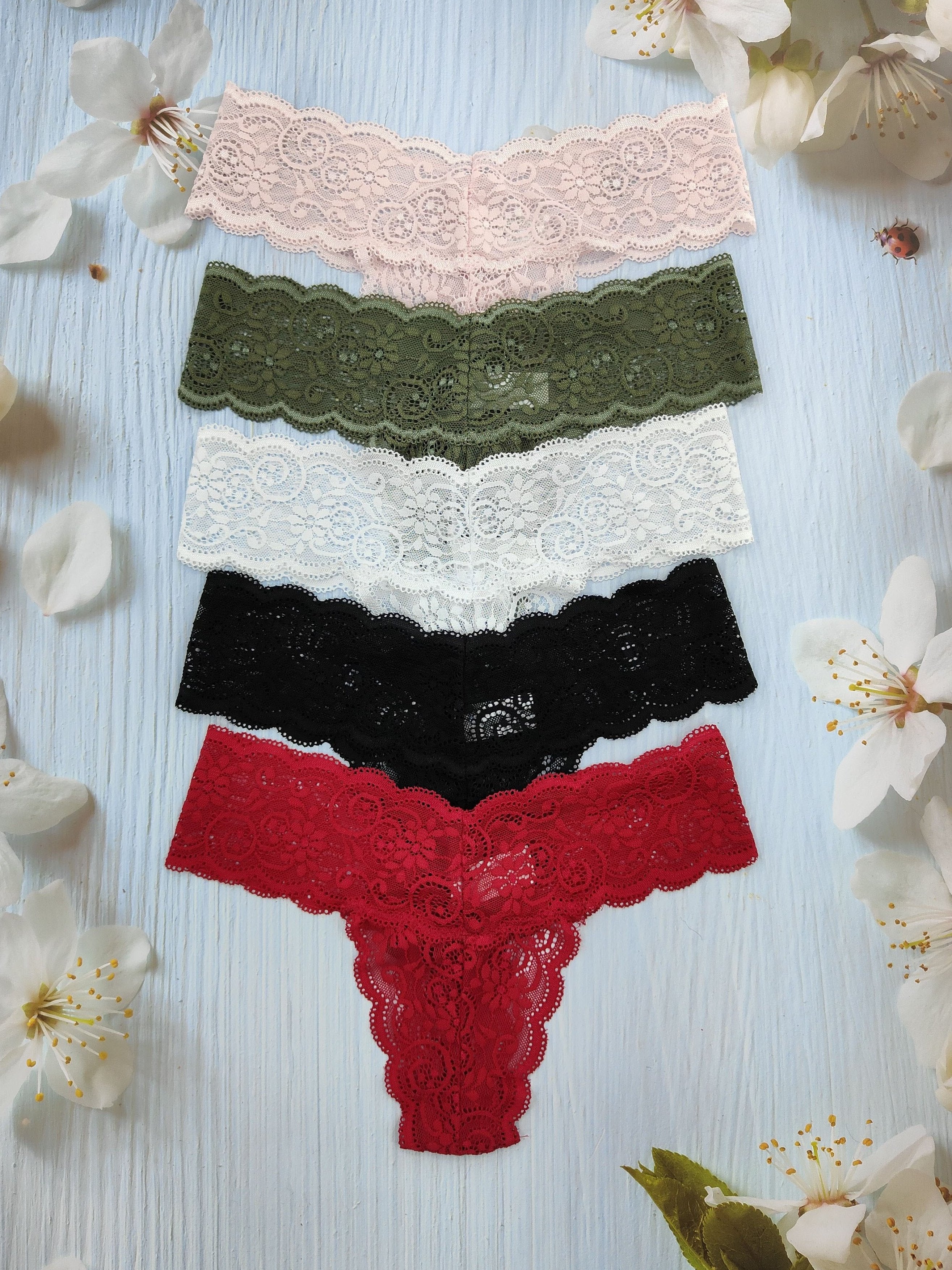 Women's Low-Rise Lace Thong Panties 5-Pack Semi-Sheer Solid Color