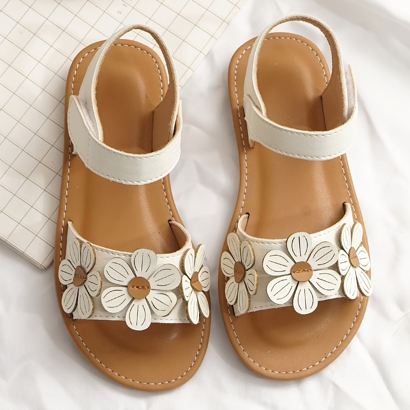 Girls Summer Sandals Floral Embroidery Breathable Light Brown Round Toe Hook-and-Loop Closure