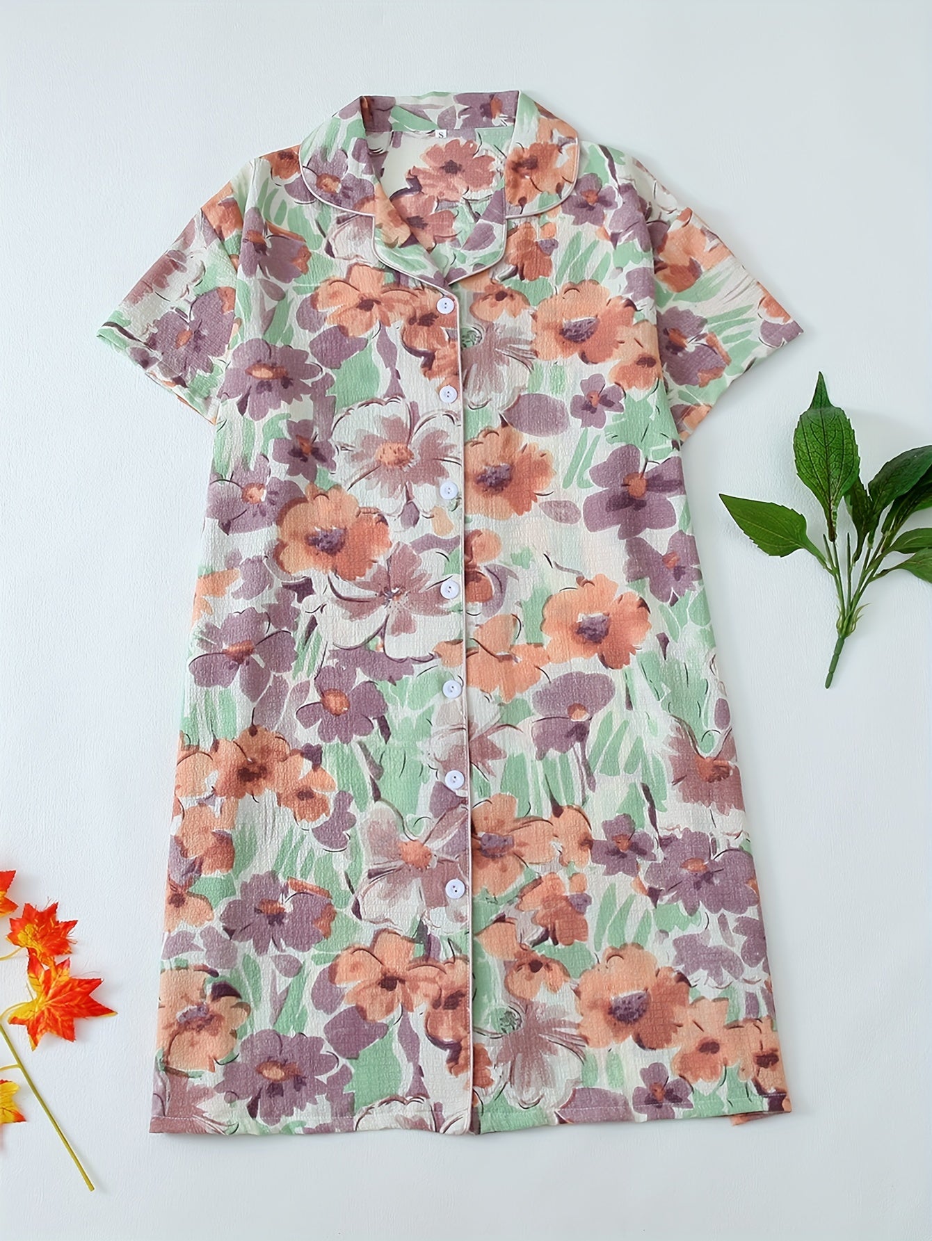Plus Size Floral Print Boho Sleep Dress Short Sleeve Nightgown