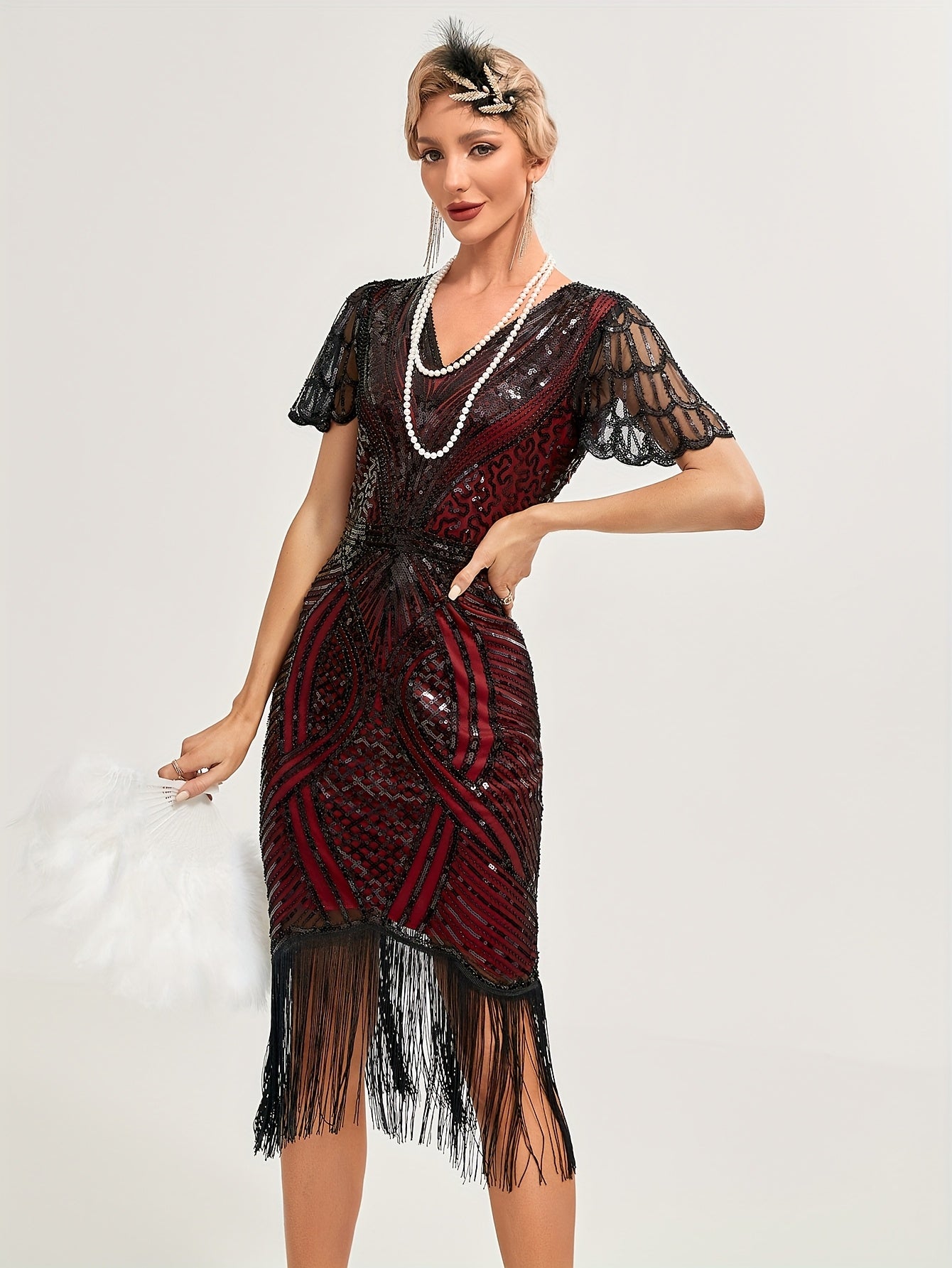 Women's Sequin V-Neck Midi Dress with Tassels and Embroidery