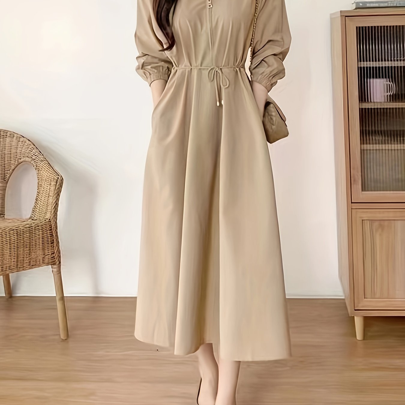 Women's Solid Color Midi Dress with Lapel Collar Zipper Pockets Long Sleeve Polyester