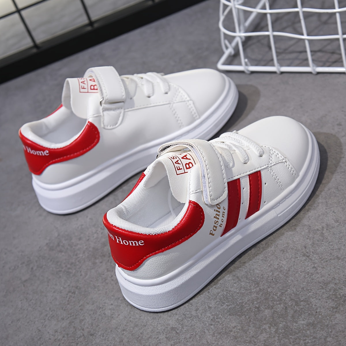 Kids' White Casual Sneakers for Boys and Girls with Red Stripes, PU Upper, PVC Sole
