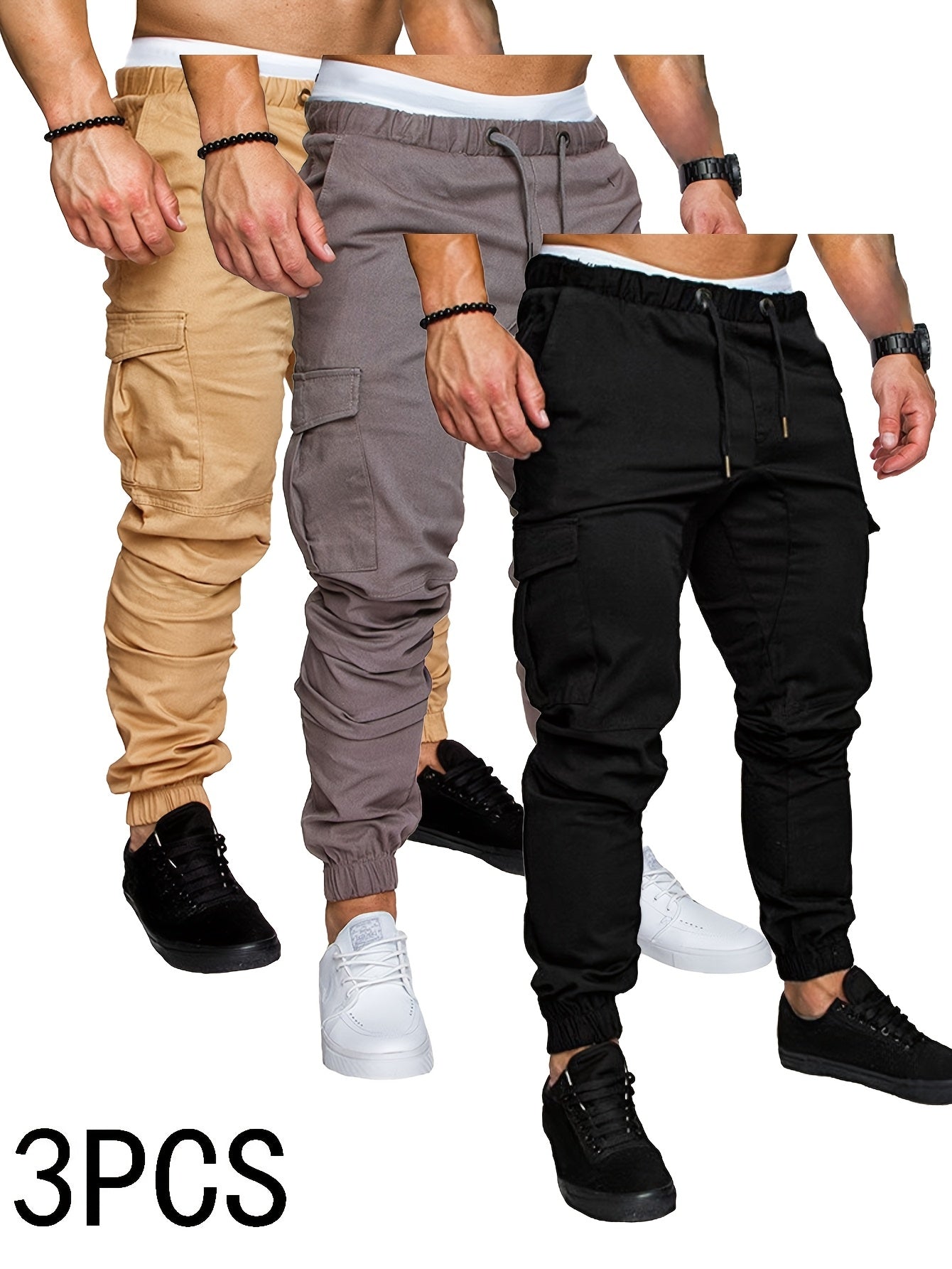 Men's Cotton Cargo Pants 3-Pack Casual Drawstring Waist Regular Fit Solid Color