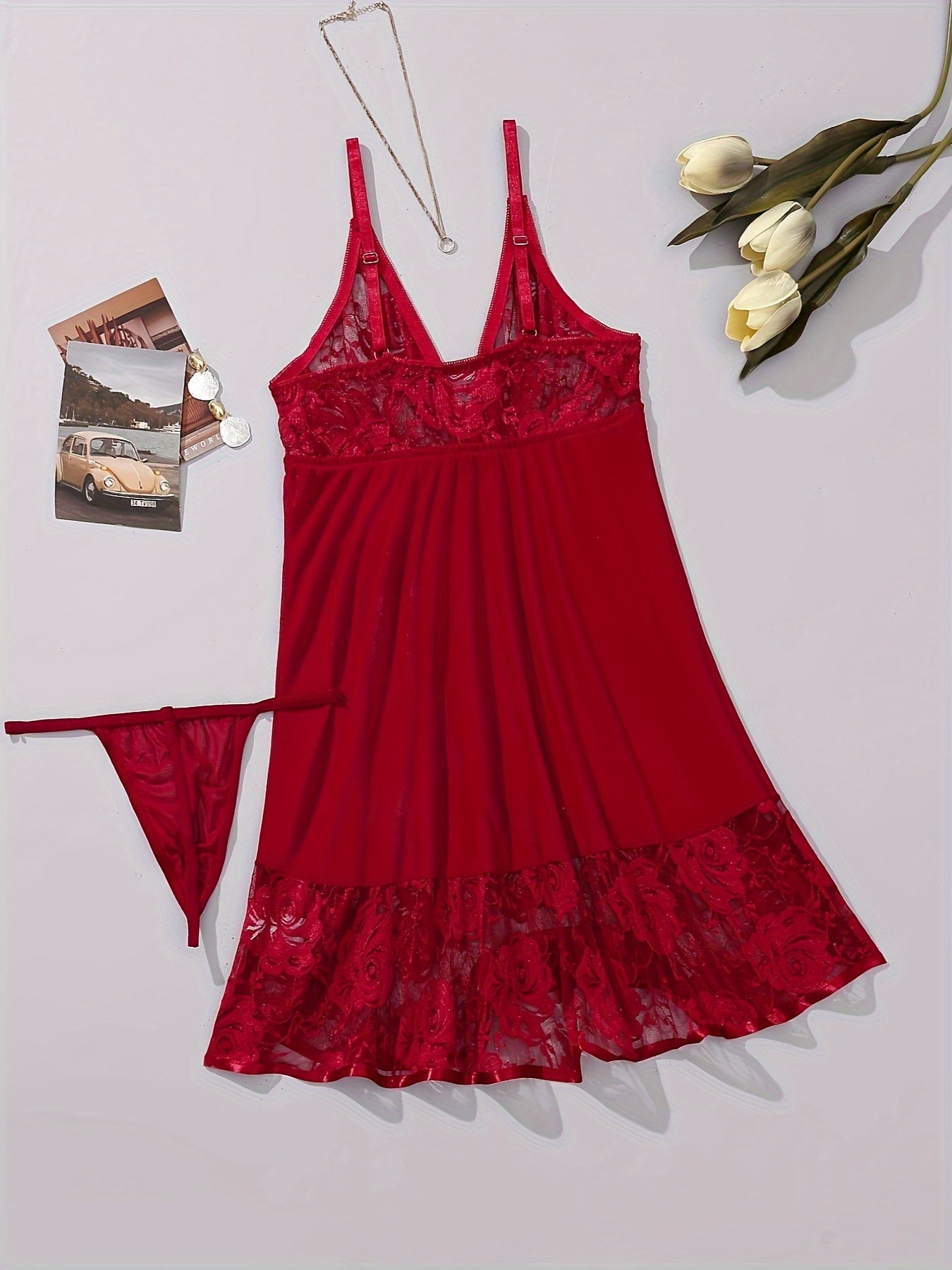 Lingerie Red Lace Mesh Slip Dress with Thong Set V-Neck Bow Detail