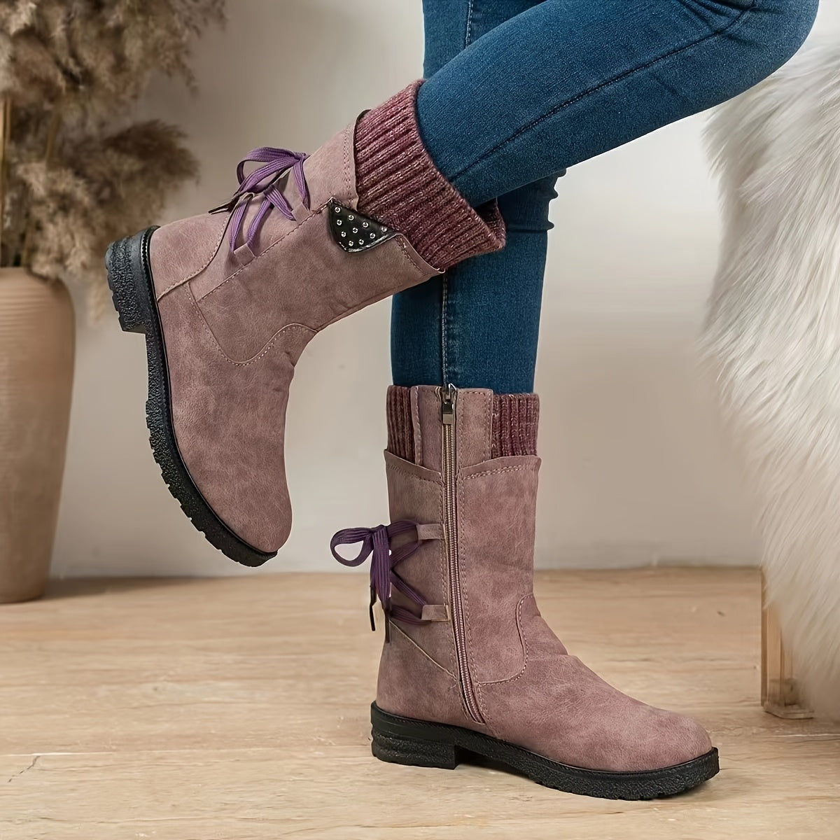 Plus-Size Women's Faux Leather Mid-Calf Boots with Low Heel and Bow