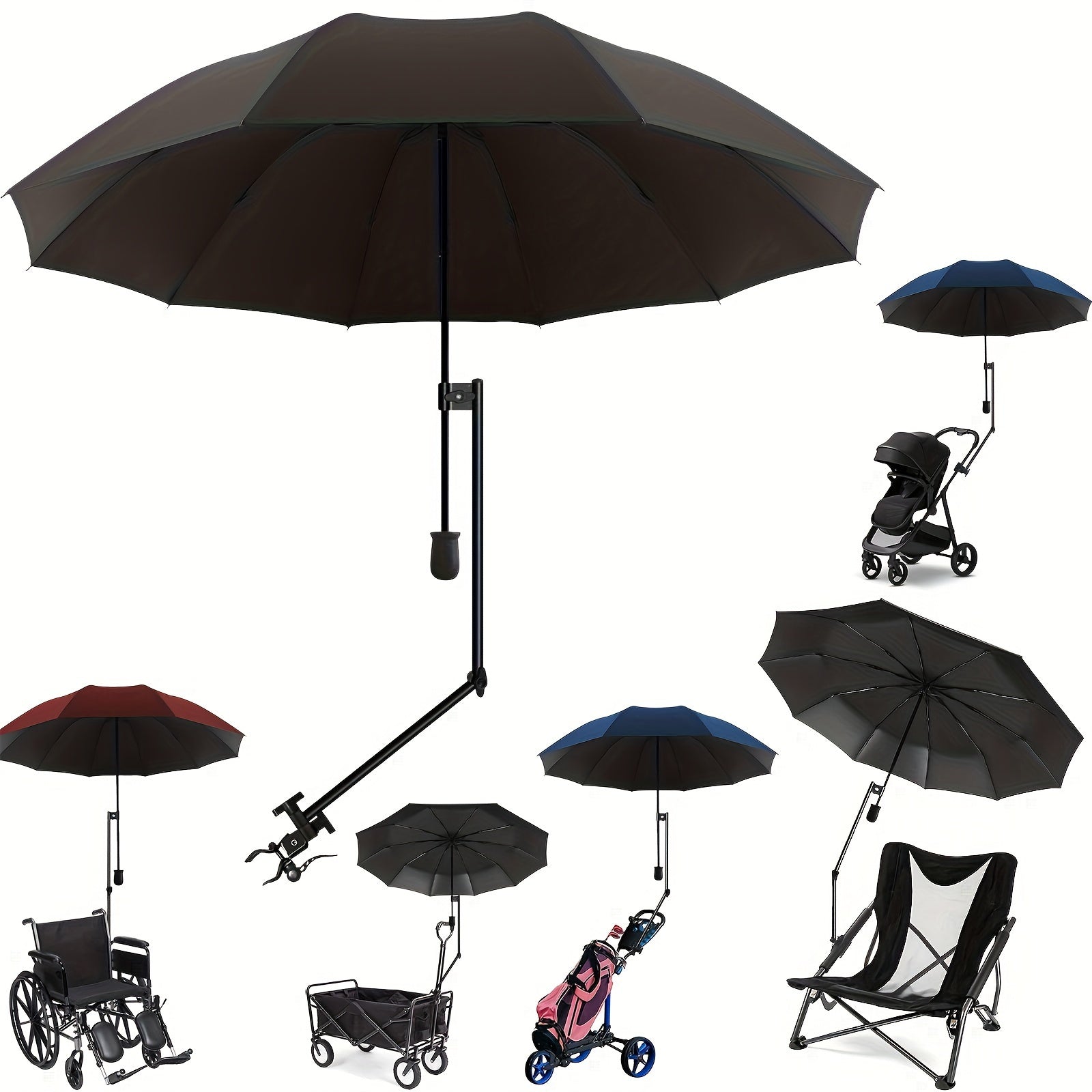 Portable UPF50+ Sun Umbrella with Adjustable Clamp UV-Resistant Polyester Black