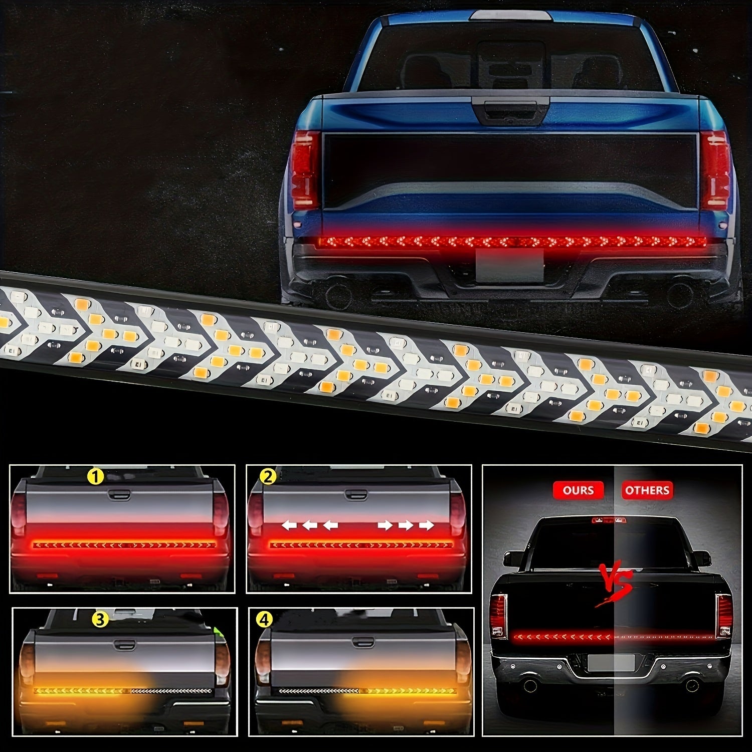 Bar de luz trasera LED de 60 pulgadas para camiones, súper brillante, blanco ámbar, 12V