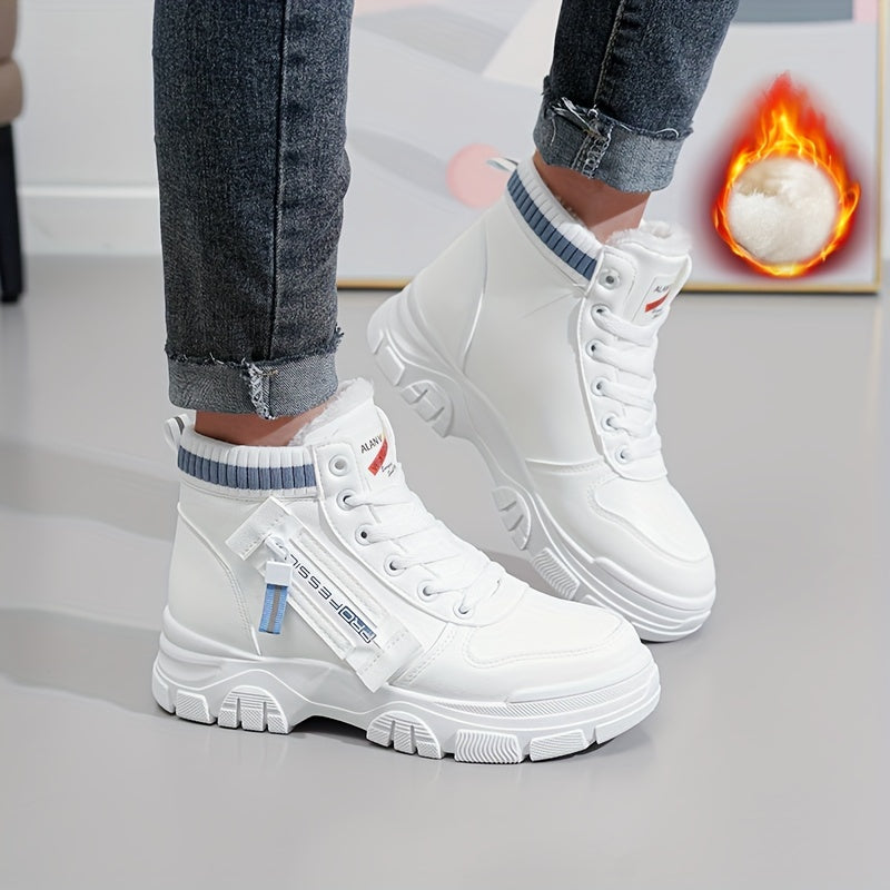 Women's Warm Winter High-Top Sneakers with Fleece Lining and Blue Straps