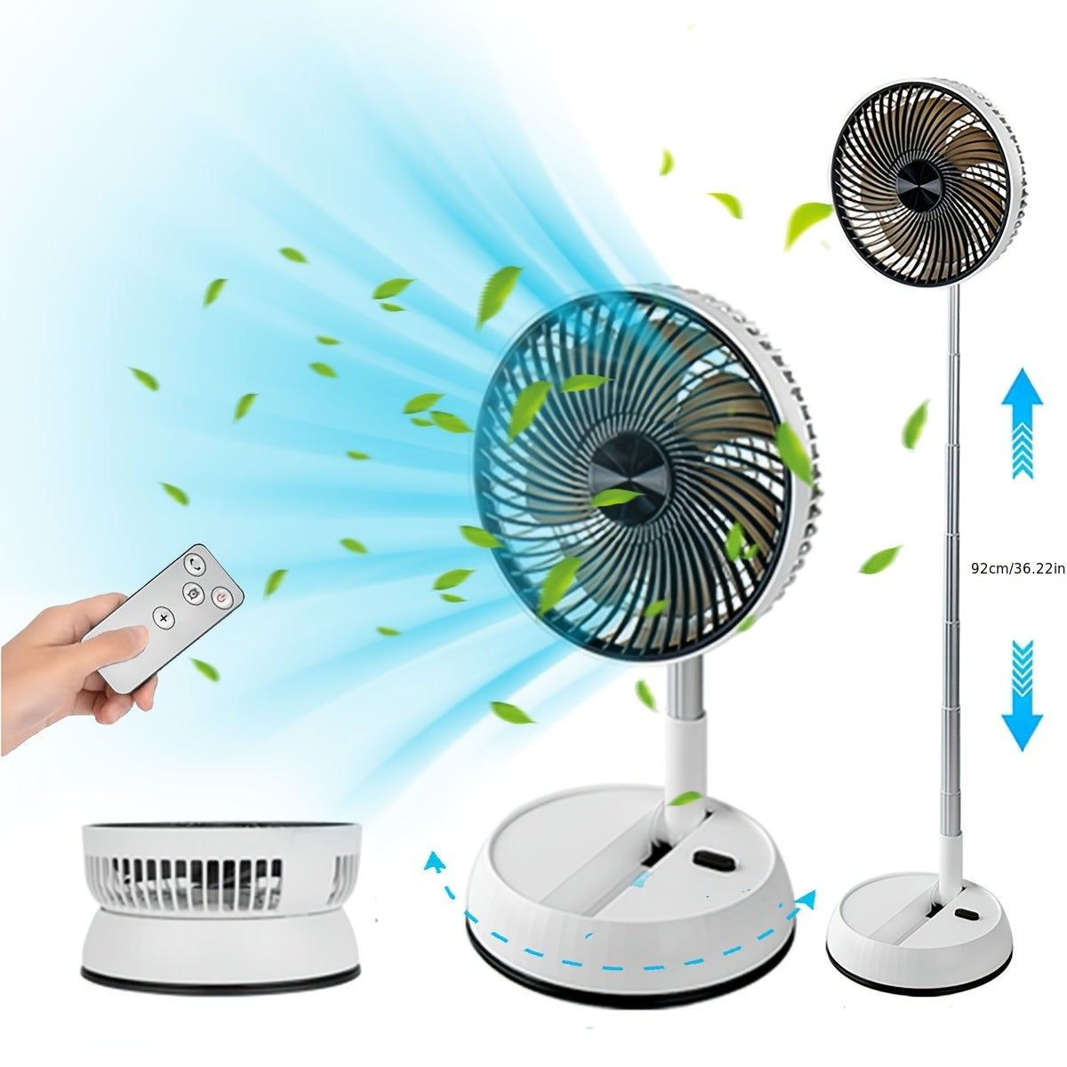 8-Inch Portable USB Folding Fan with Telescopic Pole Remote Control Rechargeable Battery Oscillating Indoor Outdoor