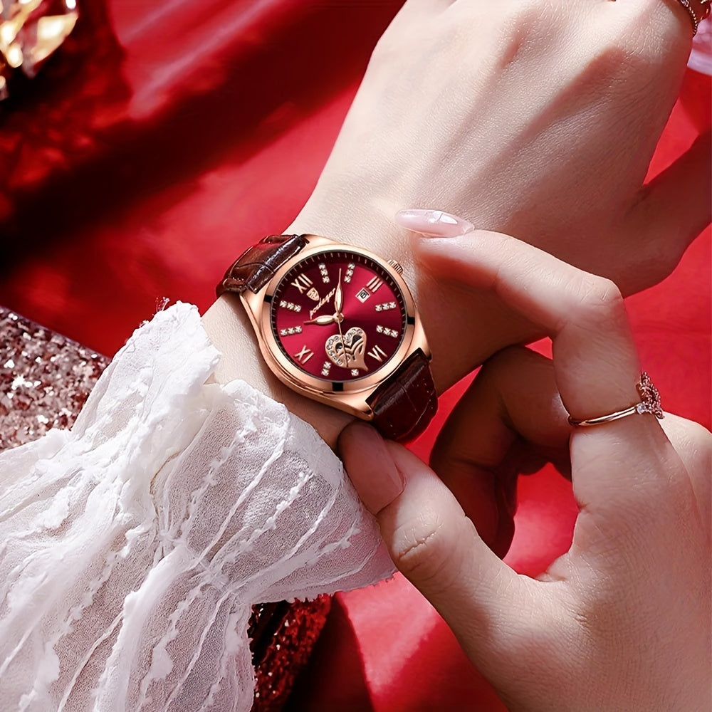 Women's Heart-Shaped Rhinestone Watch with Luminous Dial and Leather Band