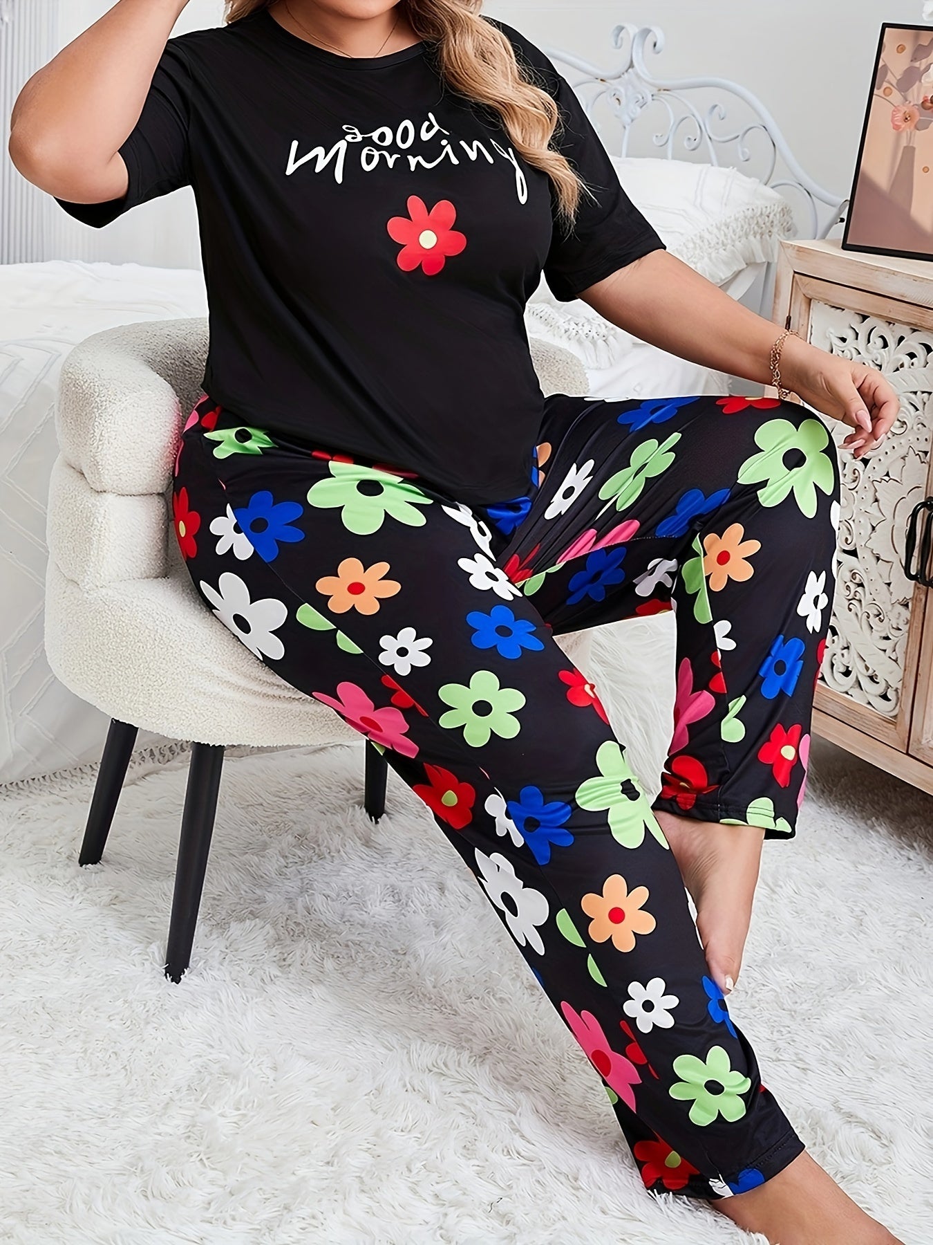 Женский комплект пижамы больших размеров с цветочным принтом, топы с коротким рукавом и брюки для отдыха
