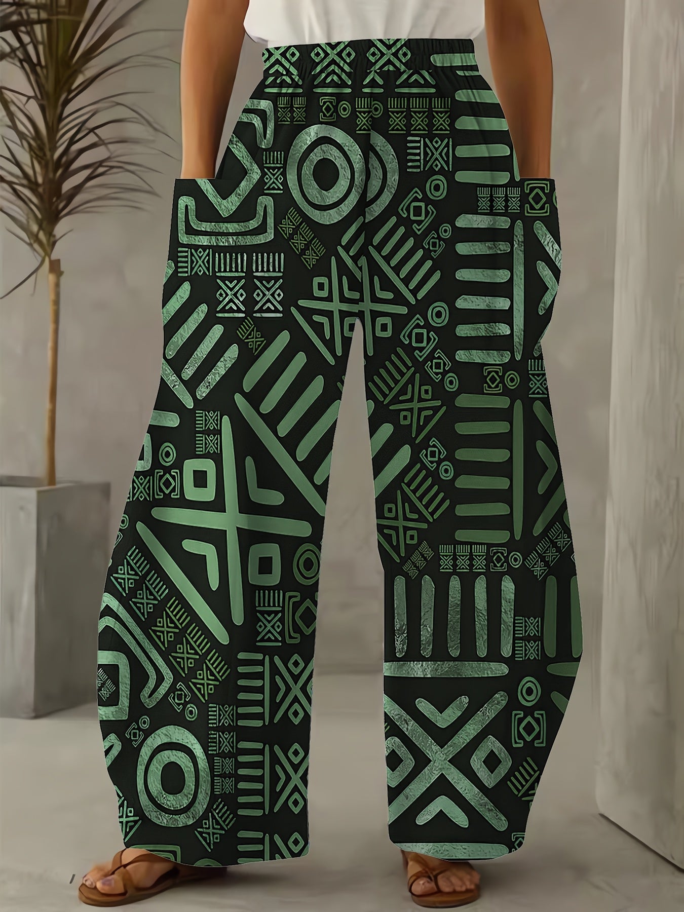 Women Wide Leg Pants Stretchy Polyester Vibrant Geometric Print