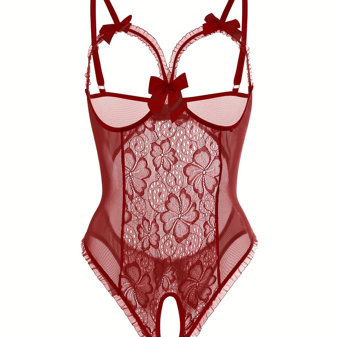 Gul naqshli dantel teddy, ochiq ko'krak va ochiq qorin bilan, ayollar uchun ruffle bodysuit ichki kiyim.