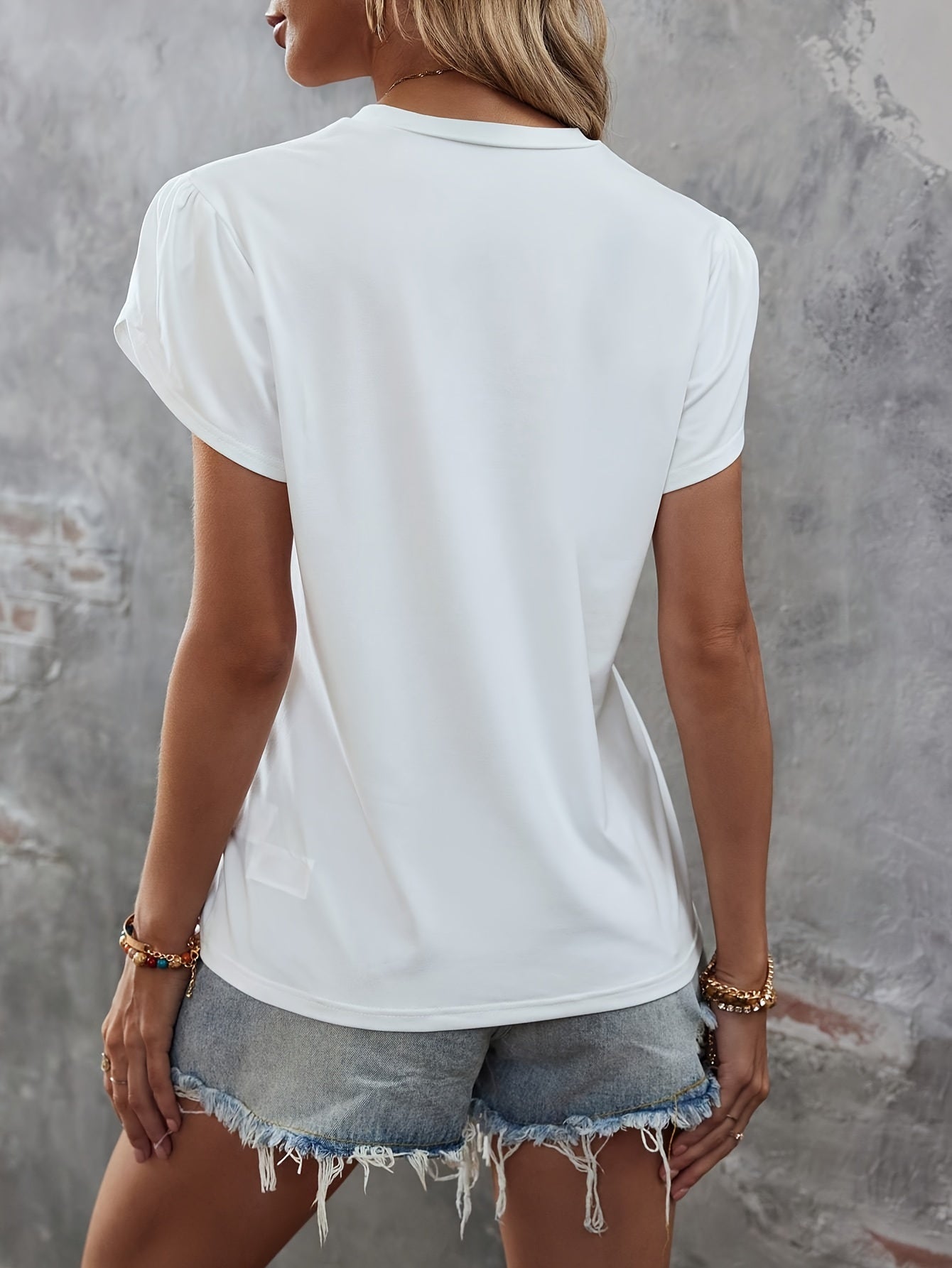 Women's Summer Sequin Petal Sleeve T-Shirt Solid Color Jersey Crew Neck Lightweight