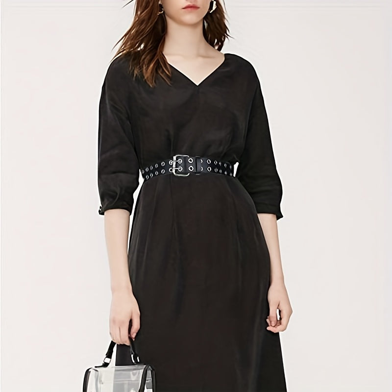 Unisex Black PU Leather Waistband with Double Pin Buckle and Eyelet Details for Punk Style