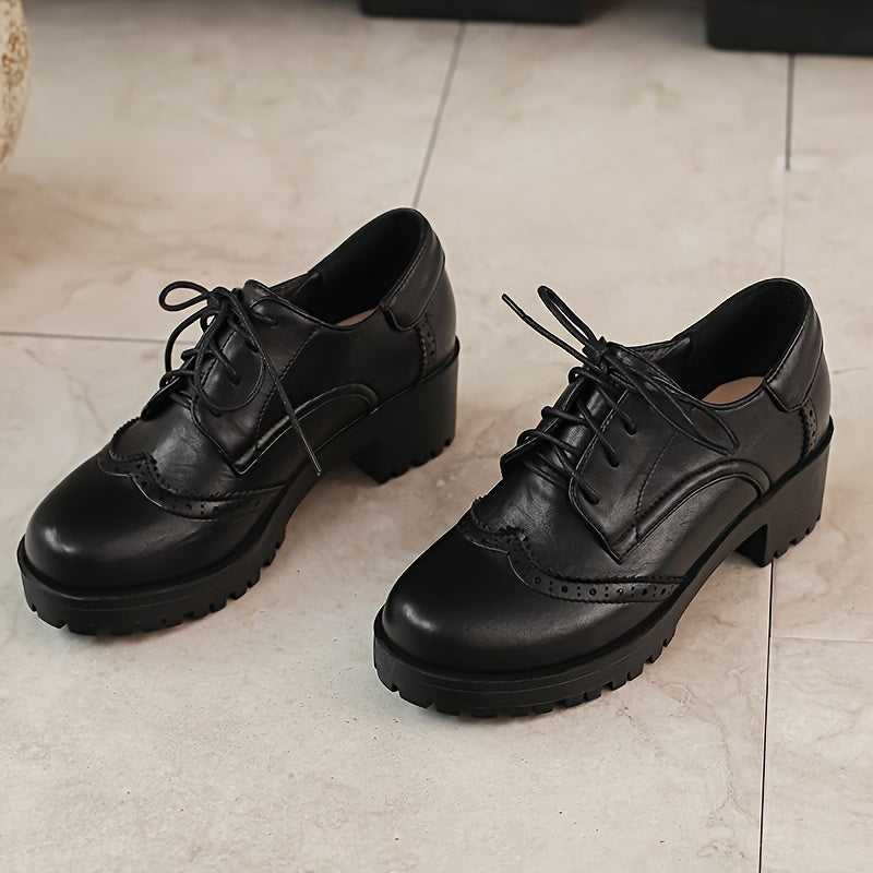 Women's Retro Brogue Oxfords Black Faux Cover Anti-Slip Thick Sole Shoes Size 44 45