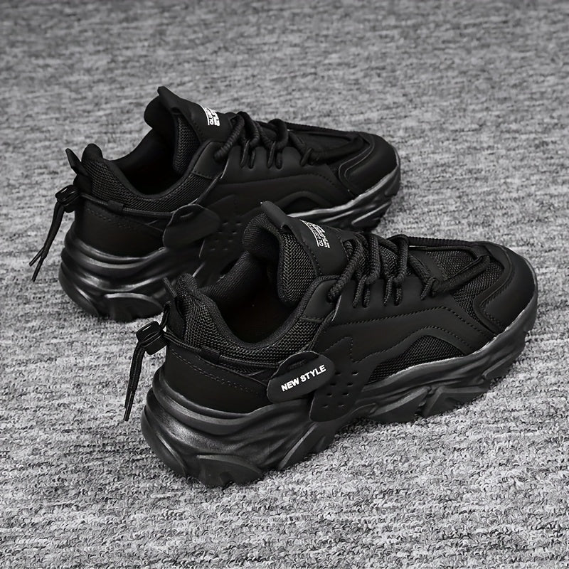 Men's Solid Color Chunky Sneakers Low Top Non-Slip Lace-Up Thick Sole Casual Running Hiking Shoes