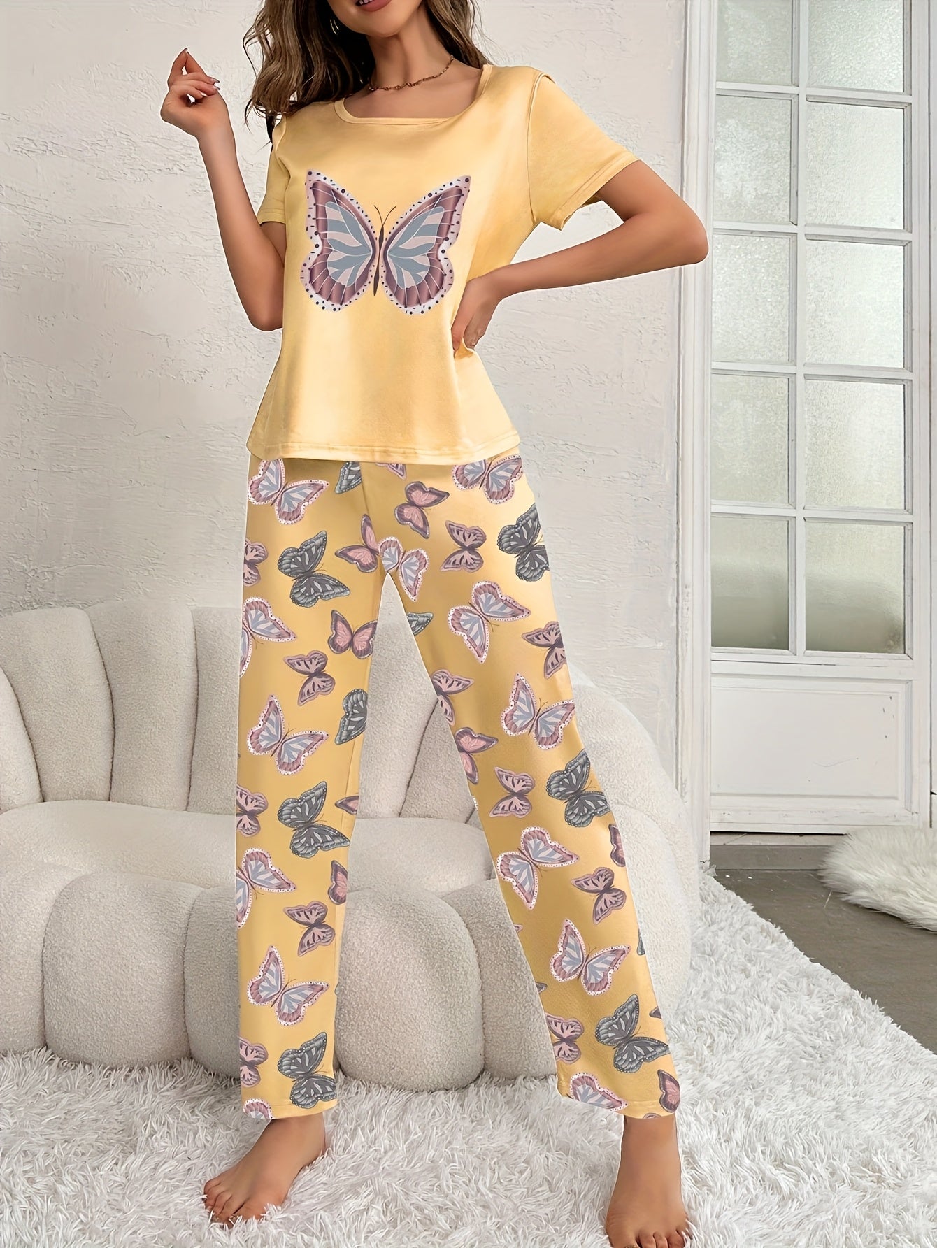 Conjunto de pijama de mariposa para mujer, poliéster, de punto, para todas las estaciones, ropa de dormir para adultos
