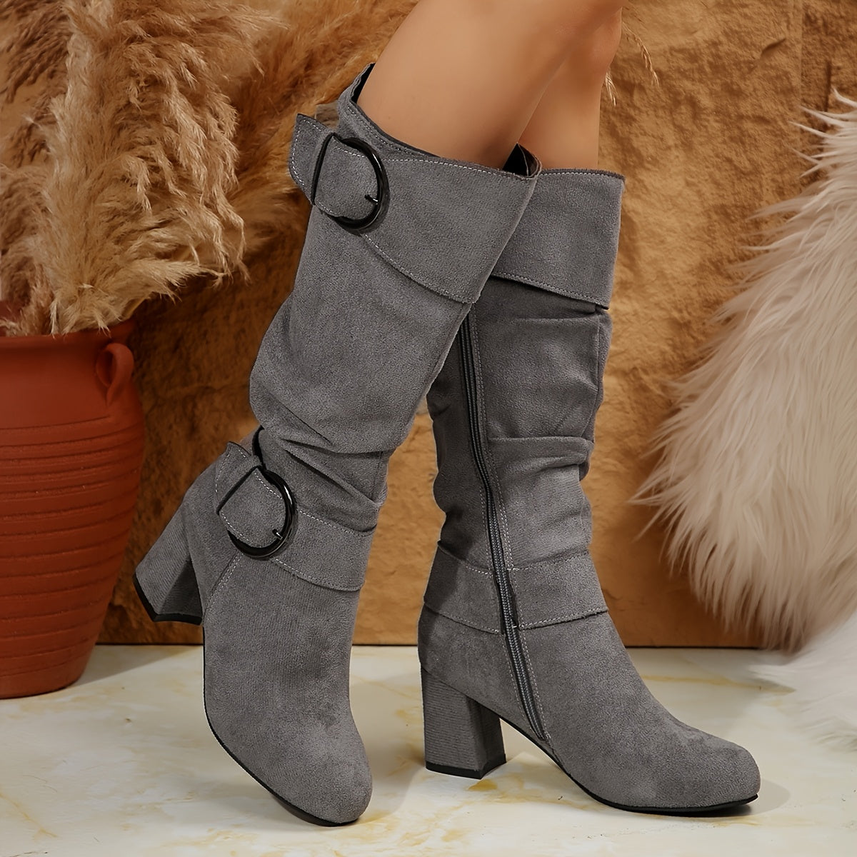 Women Knee-High Leather Boots Solid Color Elegant Stylish