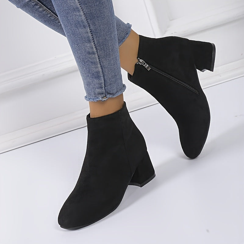 Women's Chunky Heel Ankle Boots Casual Side Zipper Comfortable Black