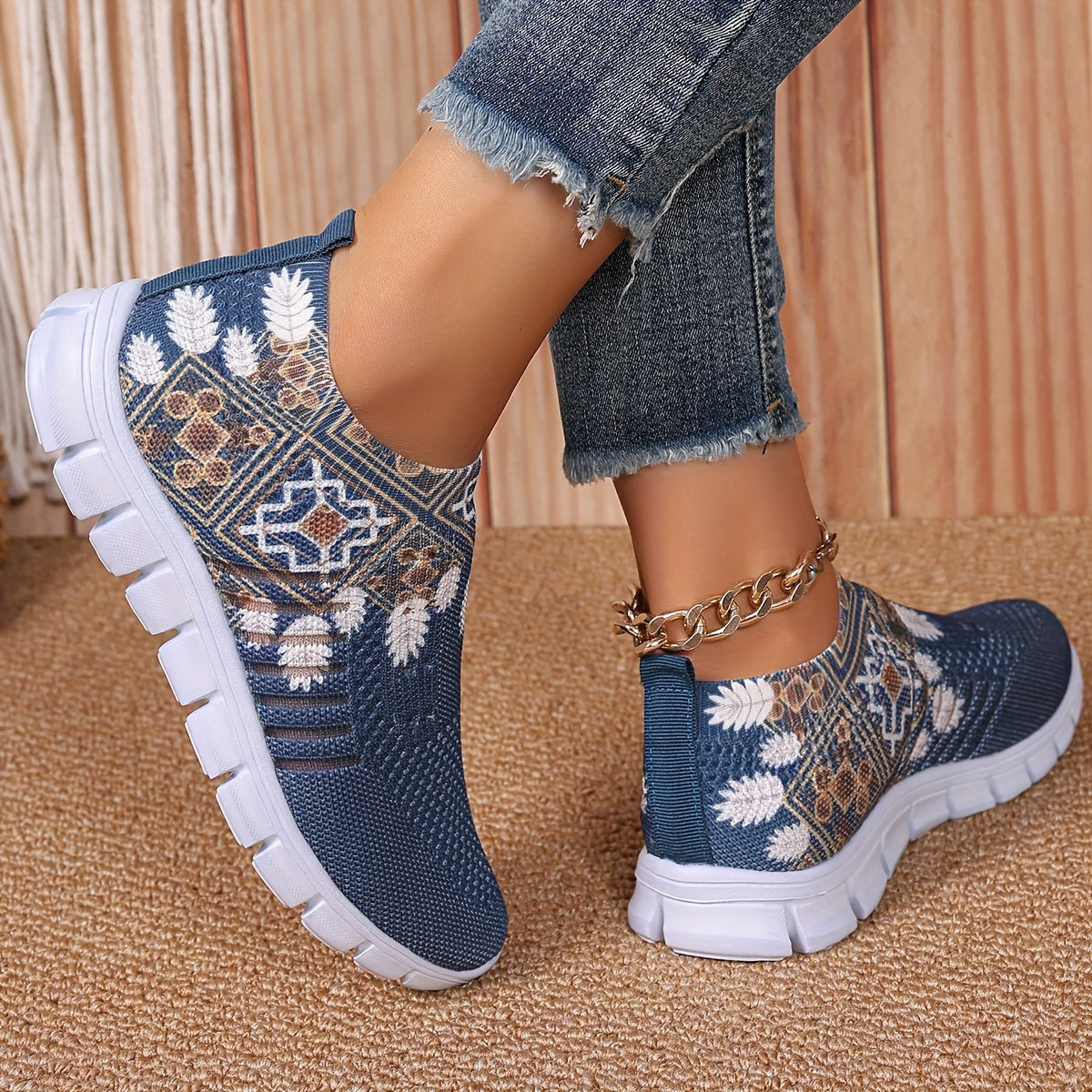 Women's Blue Knit Fabric Slip-On Sneakers with White Floral Patterns and EVA Sole